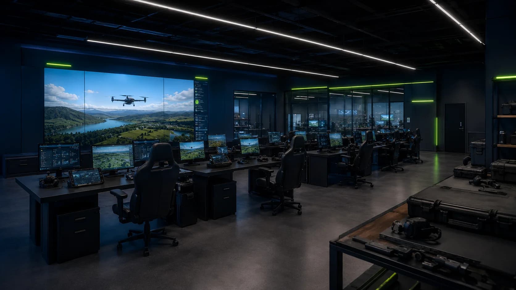 Concept van een professionele Mission Lab-ruimte met meerdere simulatorwerkplekken