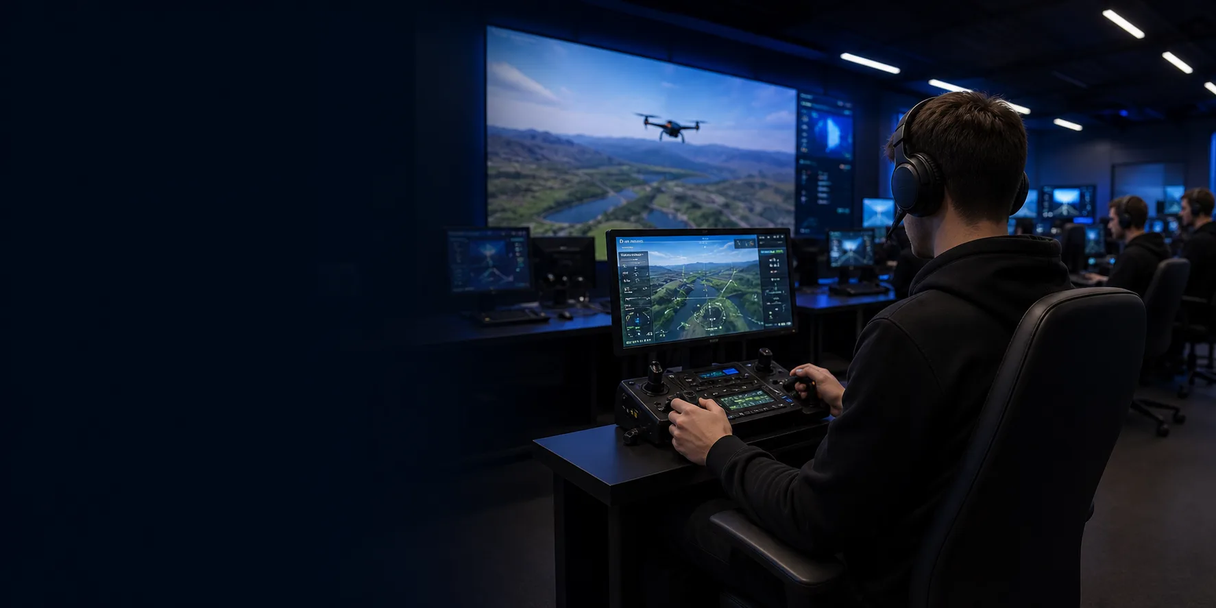 Deelnemer bedient een dronesimulator in een mission-controlruimte