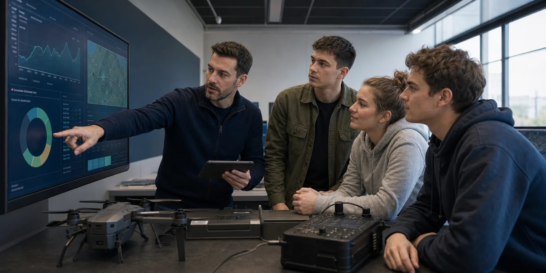 Begeleider en deelnemers bespreken samen resultaten uit een trainingsscenario